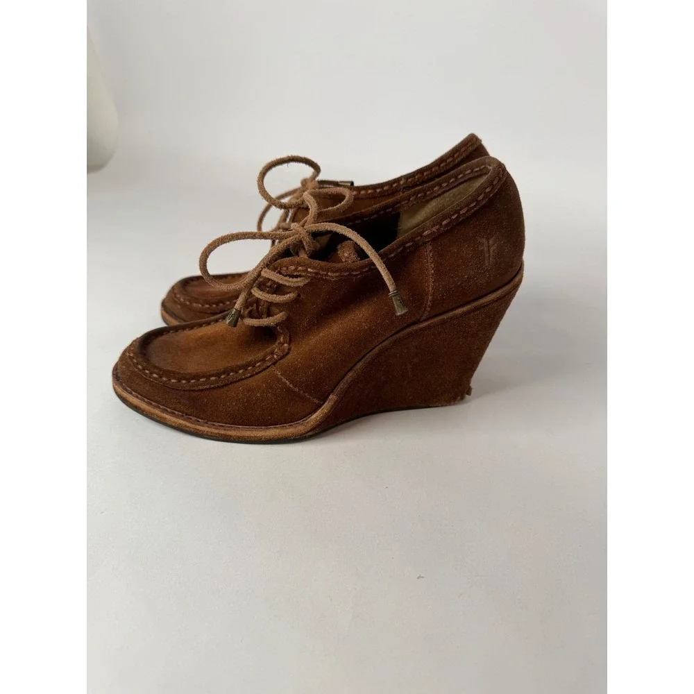 Frye Womens Cognac Brown Suede Lace Up Moc Toe Wedge Booties Shoes‎